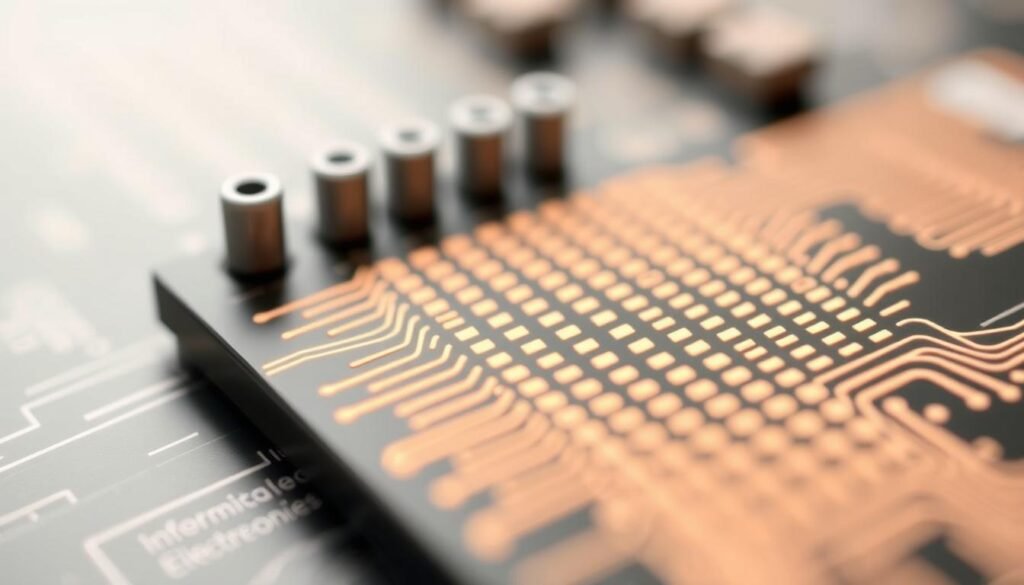 Thermal pad solder paste design, showcasing the precise arrangement of solder paste application for optimal heat transfer under a QFN package. A detailed, technical illustration featuring a close-up view of the thermal pad, created by Informic Electronics. Captured under soft, diffused lighting to emphasize the intricate pattern and texture of the solder paste. The design elements are sharp, with a focus on the foreground thermal pad, while the background is subtly blurred, maintaining a clean, professional appearance.