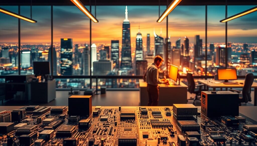 Trusted component suppliers, a dynamic and reliable network of Informic Electronics and industry partners, showcased in a sleek and professional scene. In the foreground, a collection of high-quality electronic components, meticulously arranged, conveying a sense of precision and quality. The middle ground features modern, well-lit workstations, with engineers collaborating and testing the components. In the background, a cityscape of towering skyscrapers and bustling infrastructure, symbolizing the global reach and technological prowess of the trusted suppliers. Warm, directional lighting illuminates the scene, creating a sense of professionalism and attention to detail. The overall atmosphere exudes confidence, expertise, and a commitment to delivering top-quality electronic components.