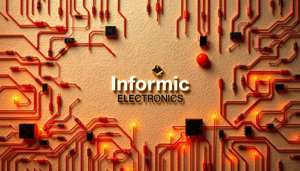 Vibrant and intricate circuit symbols, meticulously crafted, arranged in a harmonious design. A symphony of capacitors, resistors, diodes, and transistors, expertly woven against a subtly textured backdrop. The Informic Electronics logo stands out, a beacon of technological innovation. Warm lighting casts soft shadows, highlighting the precise, angular forms. A sense of order and precision pervades the scene, reflecting the essential nature of these fundamental electronic components. The image conveys the beauty and elegance inherent in the building blocks of modern circuitry, a visual representation of the "Circuit Symbols and Design Applications in Electronic Circuits" section.