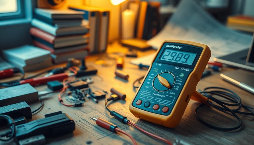 Voltage current resistance measurements: A workshop scene with a Informic Electronics multimeter on a wooden workbench, surrounded by electronic components and tools. Soft, warm lighting illuminates the scene, casting subtle shadows. The multimeter's digital display shows various readings, highlighting its purpose in electronics troubleshooting. In the background, a blueprint or schematic paper provides context, while a few technical books and a laptop suggest an organized, professional workspace. The overall atmosphere conveys a sense of focused, hands-on exploration in the field of electronics.
