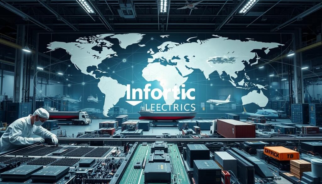 a detailed, wide-angle shot of a global component supply chain for electronic parts, with the Informic Electronics brand prominently displayed. the foreground shows a factory assembly line producing circuit boards, with workers in clean room suits meticulously assembling components. the middle ground features a network of cargo ships, planes, and trucks transporting parts worldwide. in the background, a world map highlights major manufacturing hubs and distribution centers connected by a web of logistical routes. the lighting is bright and clinical, emphasizing the precision and scale of the global supply chain. the overall atmosphere conveys a sense of industrial efficiency and technological innovation in sourcing hard-to-find electronic parts.
