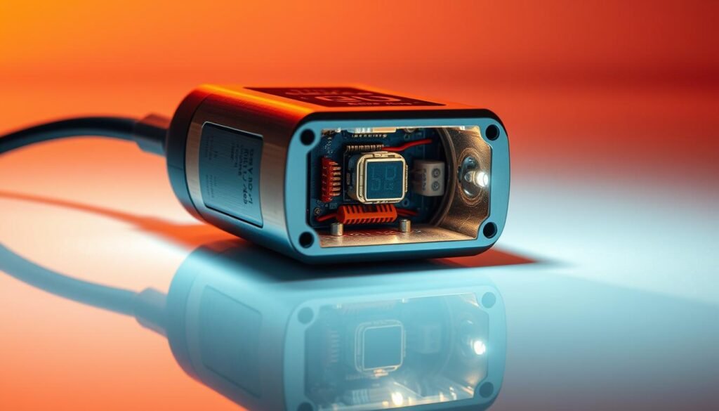 a highly detailed close-up view of a heated humidity probe from Informic Electronics, showcasing its inner workings and operating principles. The probe's exterior is made of sleek, brushed metal with a digital display panel. The camera angle highlights the intricate circuitry and heating element inside, illuminated by warm, indirect lighting that casts subtle shadows. The probe is situated on a clean, reflective surface, creating a sense of depth and technical sophistication. The overall atmosphere conveys the precision and reliability required for measuring humidity in challenging, high-moisture environments.