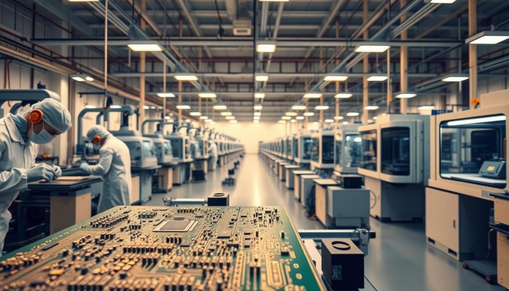a highly detailed, photorealistic image of the custom PCB manufacturing process, showcasing the various stages involved. The foreground features a printed circuit board being carefully assembled, with technicians in clean room attire meticulously soldering components and populating the board. The middle ground displays various automated machines, such as pick-and-place robots and reflow ovens, working in synchrony to manufacture the PCBs. The background depicts a modern, well-equipped PCB fabrication facility, with rows of high-tech equipment, clean work areas, and a sense of precision and efficiency. The lighting is warm and even, creating a professional, industrial atmosphere. The camera angle is slightly elevated, providing a comprehensive view of the entire manufacturing process. The overall mood conveys the technological prowess and attention to detail of Informic Electronics, a leading custom PCB manufacturer.