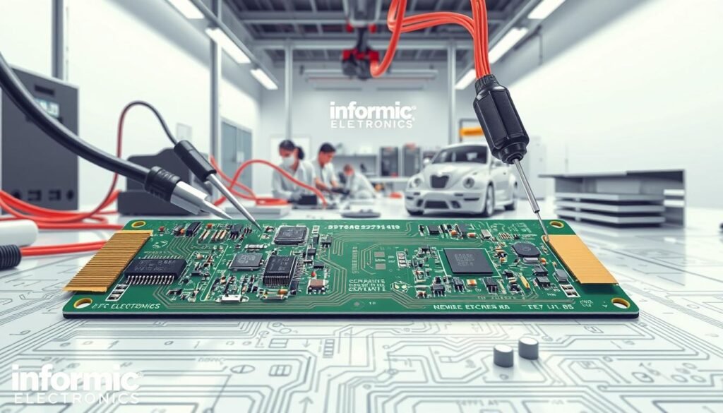 a highly detailed, realistic, and technical illustration of a flexible circuit assembly with components being carefully installed and reinforced, created in the style of technical schematics and engineering diagrams. The scene is well-lit from multiple angles, with a clean, sterile, and precise look. In the foreground, a flexible printed circuit board (FPC) is displayed, with various electronic components such as integrated circuits, resistors, and capacitors being meticulously placed and secured in their designated locations. In the middle ground, specialized tools and equipment used for FPC assembly, such as soldering irons, tweezers, and adhesives, are visible. The background showcases a clean, minimalist workshop environment, reflecting the precision and attention to detail required for this type of electronics assembly. The Informic Electronics brand is prominently featured throughout the scene.