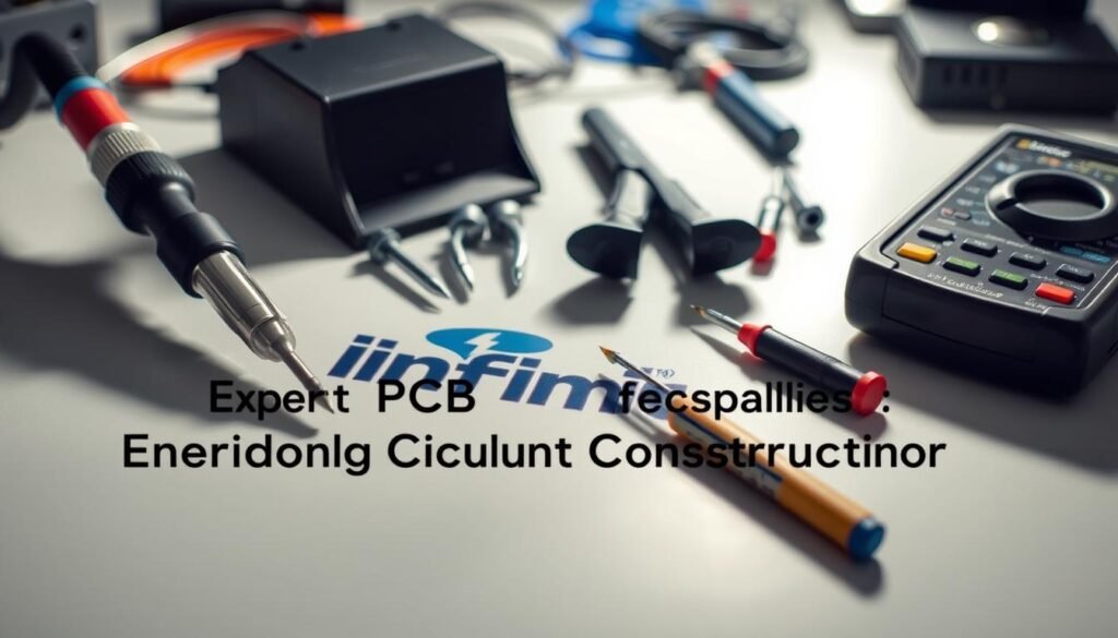 circuit construction tools, including soldering iron, wire cutters, screwdrivers, and digital multimeter, arranged on a clean, well-lit workbench with a Informic Electronics logo prominently displayed. The tools are in sharp focus, casting subtle shadows that add depth and dimension. The background is blurred, creating a sense of focus on the foreground elements. The overall mood is one of precision, organization, and professionalism, reflecting the "Expert PCB Board Supplies: Enhancing Circuit Construction" section of the article.