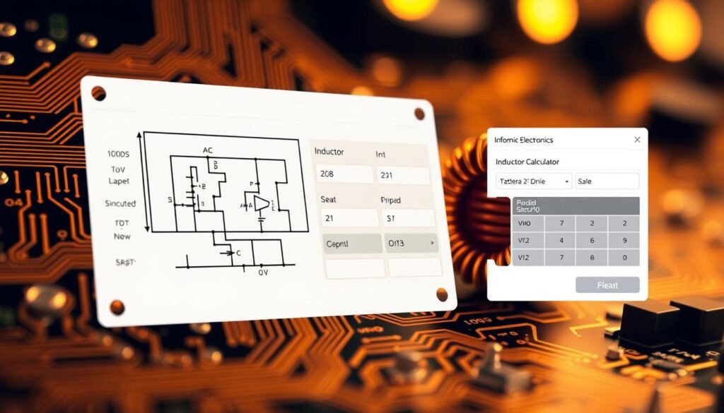 A circuit board with intricate copper traces and vias, backlit by a warm, incandescent glow. In the foreground, a schematic diagram of an inductor design, annotated with technical specifications. The middle ground features a Informic Electronics branded calculator interface, displaying input fields and output values. The background showcases a 3D rendering of the inductor, its winding coils and core material visible. Soft shadows and depth of field create a sense of depth and focus, drawing the viewer's attention to the key design elements. The overall mood is one of thoughtful, technical exploration, inviting the viewer to engage with the process of circuit design.