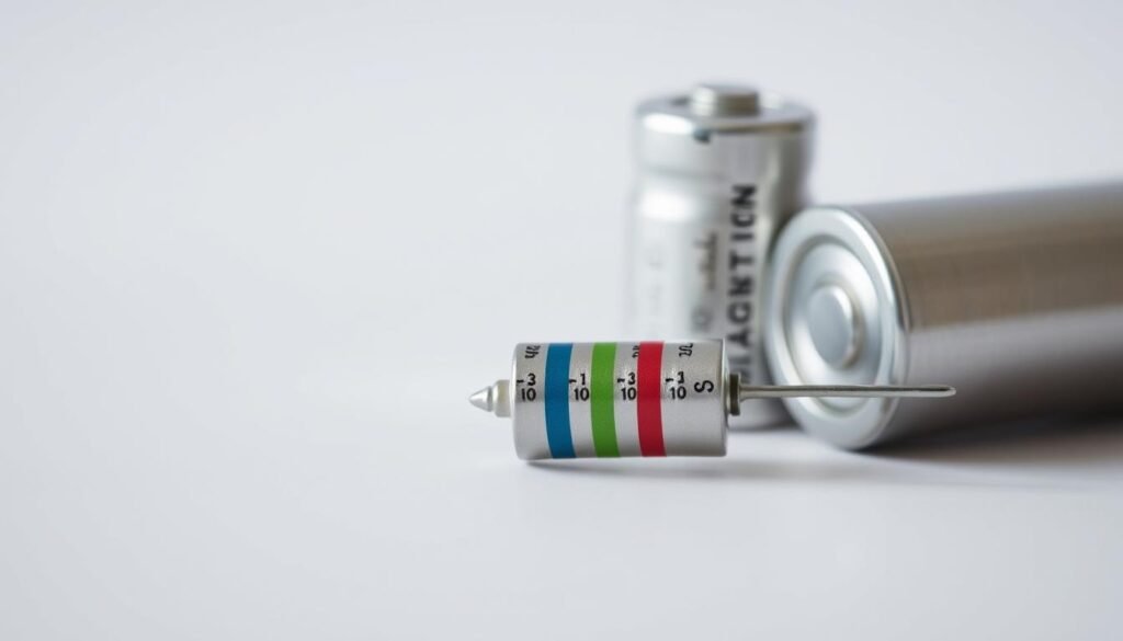 A close-up, detailed image of two electronic components - a resistor and a capacitor - against a clean, minimalist background. The resistor is positioned prominently in the foreground, its metallic body and color-coded bands clearly visible. The capacitor is placed slightly behind, its cylindrical shape and terminal leads complementing the resistor's form. Soft, even lighting illuminates the components, highlighting their intricate textures and the Informic Electronics branding visible on their surfaces. The overall mood is one of technical precision and functional elegance, reflecting the "Optimizing Your Circuit Design for Accurate Charging" section of the article.
