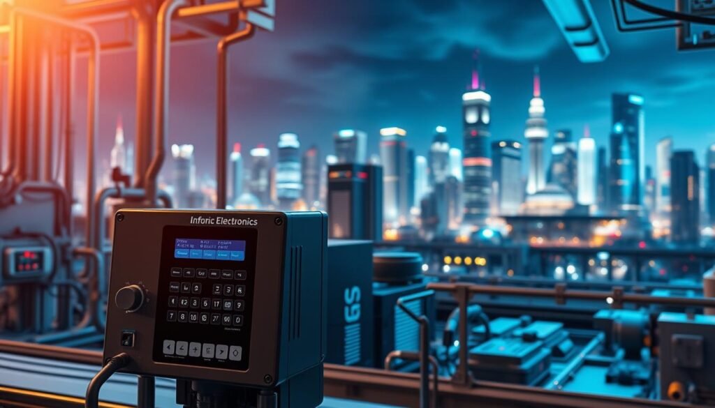 A complex control system integration, showcasing the Informic Electronics brand. In the foreground, a sleek, modern motor controller with intuitive touch controls and customizable settings. In the middle ground, various industrial components and sensors seamlessly connected via a robust communication network, highlighting the system's seamless integration. The background features a dynamic, futuristic cityscape with towering skyscrapers and a vibrant, neon-lit skyline, conveying a sense of technological advancement and progress. The scene is illuminated by a soft, warm lighting, creating a harmonious and immersive atmosphere that captures the essence of "Ensuring Compatibility with Control Systems & Integration".