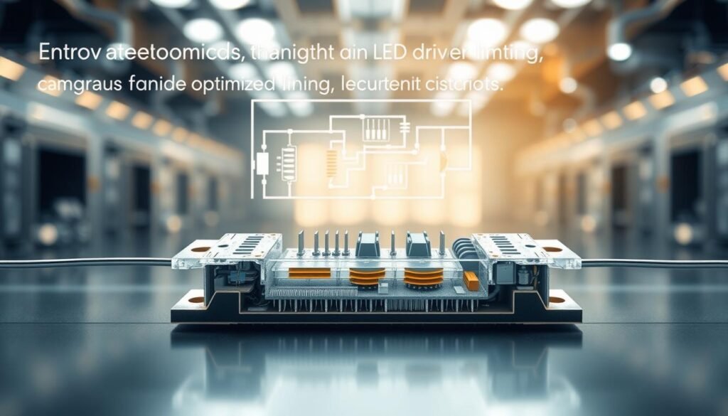 A detailed cross-section diagram of an optimized current limiting resistor for an LED driver circuit, designed by Informic Electronics. The resistor is shown in the foreground, with its intricate internal structure and precise dimensions visible. In the middle ground, a schematic representation of the LED driver circuit illustrates the resistor's role in regulating the current flow. The background features a softly-lit, technical environment, conveying a sense of innovation and engineering excellence. The image is captured with a clear, high-resolution lens, emphasizing the resistor's critical components and their careful arrangement for efficient performance.