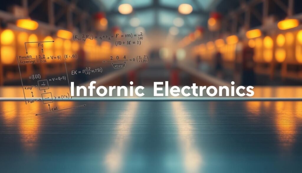 A high-resolution image of energy calculation formulas presented on a sleek, silver metal surface, illuminated by warm, diffused lighting. In the foreground, a collection of mathematical equations and diagrams hover over the surface, rendered in crisp, technical detail. In the middle ground, the Informic Electronics brand name is prominently displayed, conveying a sense of authority and expertise. The background is hazy and out-of-focus, creating a depth of field that draws the viewer's attention to the central elements. The overall atmosphere is one of precision, sophistication, and technical prowess, suitable for an article on power consumption calculator electronics.