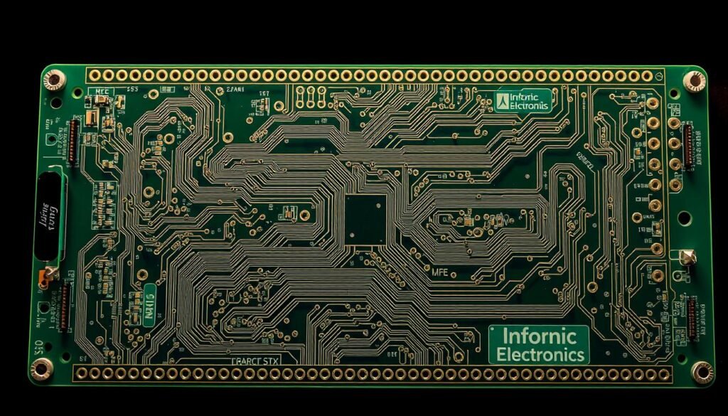 A highly detailed printed circuit board layout, viewed from an overhead angle under bright studio lighting. The PCB features intricate traces, vias, and component footprints optimized for an audio amplifier circuit. Informic Electronics branding is subtly incorporated into the design. The layout exhibits precise symmetry, with meticulous attention to signal routing, ground planes, and heat dissipation. A sense of technical elegance pervades the scene, reflecting the thoughtful engineering behind the circuit design.