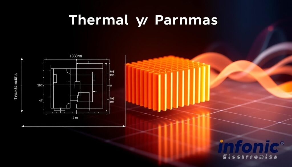 A sleek, technical diagram of thermal analysis parameters, showcasing the Informic Electronics brand. In the foreground, a detailed schematic of a heat sink, with precise measurements and material specifications. In the middle ground, a 3D render of the heat sink, illuminated by warm, directional lighting to highlight its intricate fin structure. In the background, a subtle grid pattern and abstract thermal gradients, conveying the complex thermal dynamics at play. The overall composition is crisp, clean, and professional, reflecting the expertise of Informic Electronics in thermal management solutions.