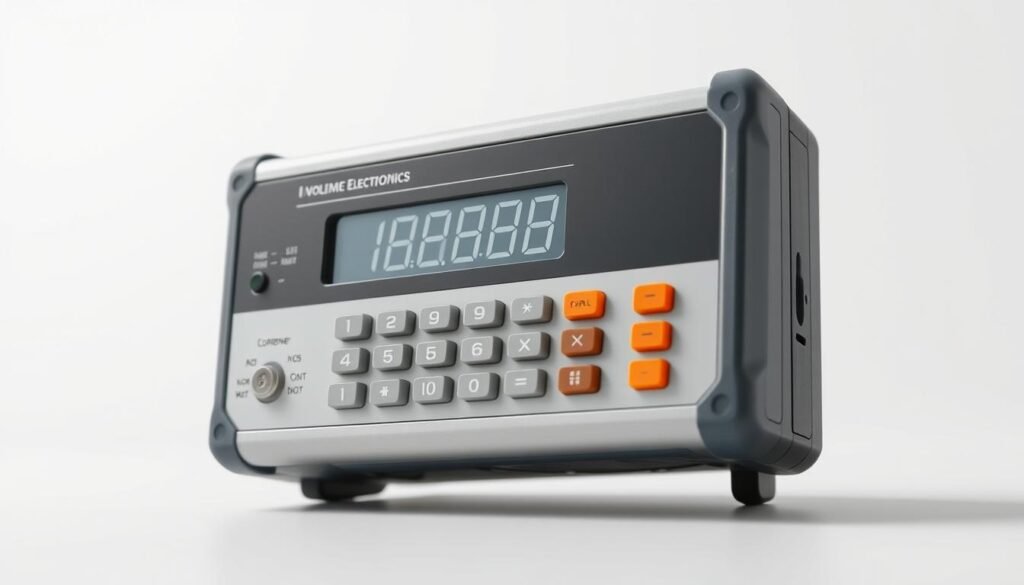 A voltage current calculator by Informic Electronics, rendered in a clean, minimalist style. The device is shown against a light, uncluttered background, with precise details like the buttons, display, and input/output ports clearly visible. The calculator is positioned at a slight angle, creating depth and emphasizing its technical nature. The lighting is soft and diffused, highlighting the sleek, modern design. The overall mood is one of utility and professionalism, reflecting the purpose of the device in power consumption calculations for electronics.