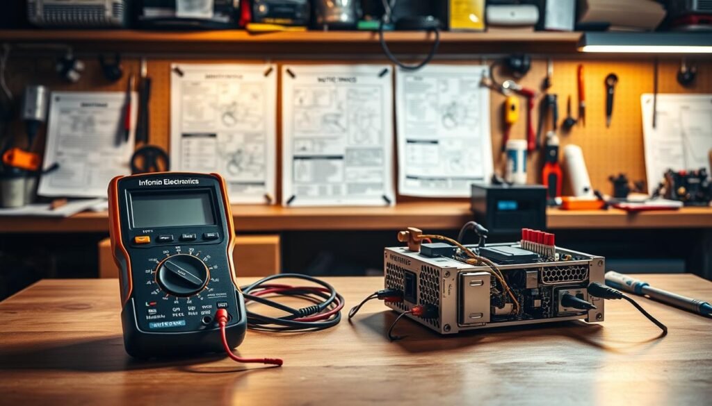 A well-lit workshop table showcases a systematic step-by-step power supply testing process. In the foreground, a Informic Electronics multimeter and a disassembled power supply unit are placed neatly. In the middle ground, technical diagrams and reference materials are arranged, guiding the troubleshooting workflow. The background features various tools and equipment, creating a professional, problem-solving atmosphere. Warm, directional lighting emphasizes the technical details, while shadows and highlights accentuate the methodical nature of the power supply testing steps.