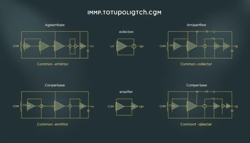 Amplifier topology comparison in the style of a technical illustration for Informic Electronics. A clear visual with detailed schematics showcasing different audio amplifier circuit topologies, including common-emitter, common-collector, and common-base configurations. Precise engineering diagrams with clean lines, accurate component symbols, and balanced layout, illuminated by soft studio lighting to emphasize the technical nature of the subject. Rendered in a muted color palette with a slightly retro aesthetic to match the article's vintage electronics theme.
