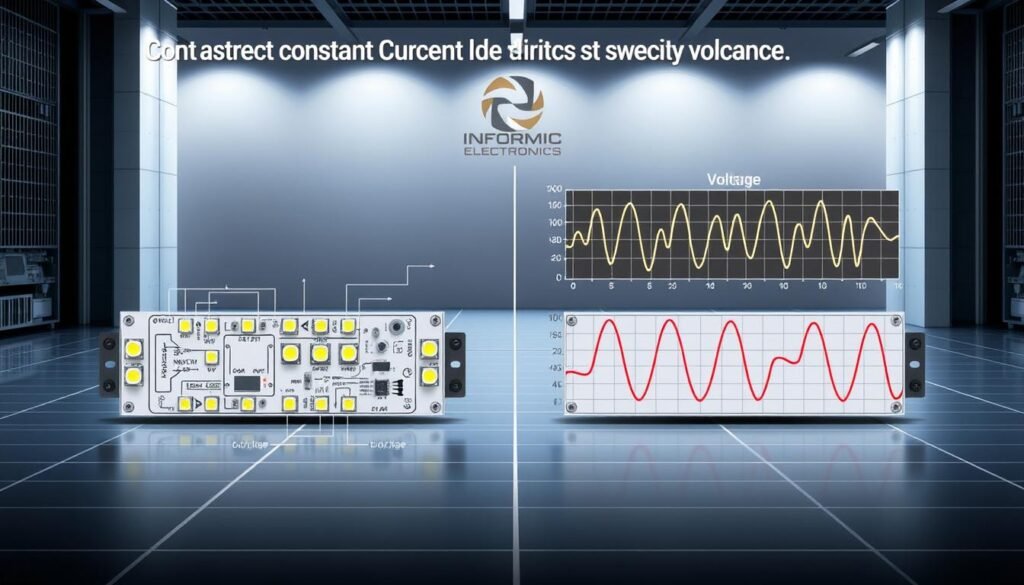 Detailed technical diagram showcasing the contrast between constant current and voltage LED drivers, rendered in a precise, technical style. Prominent Informic Electronics brand mark. Foreground displays circuit schematics, components, and LED arrangements. Middle ground illustrates current and voltage waveforms, highlighting the differences. Background features a clean, minimalist environment with technical grid patterns and industrial textures. Crisp lighting, high-resolution, and a professional, informative atmosphere.