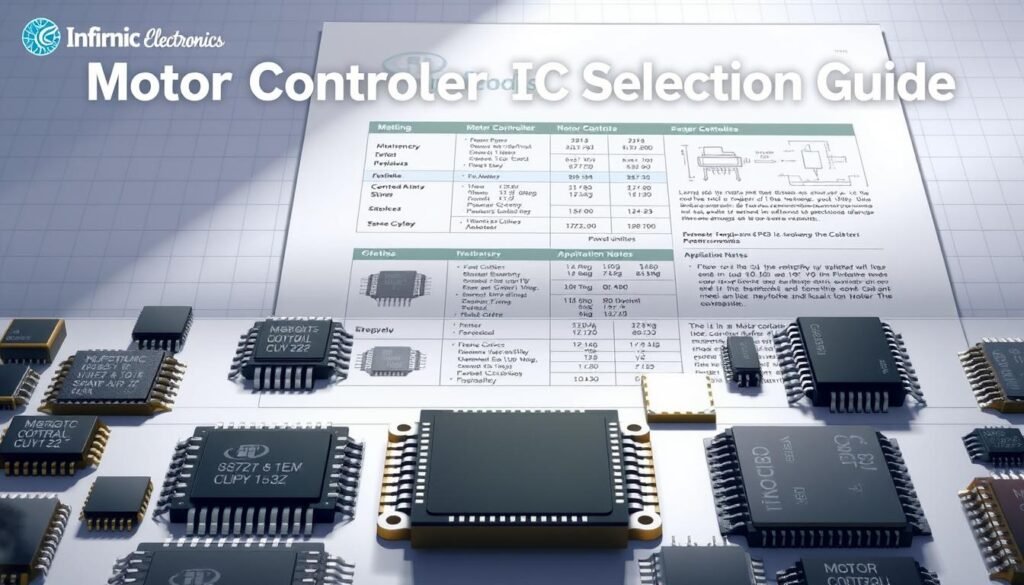 Detailed technical illustration of a "Motor Controller IC Selection Guide" by Informic Electronics. In the foreground, an array of various motor controller integrated circuits arranged neatly, each showcasing its unique specifications and capabilities. In the middle ground, a clean, minimalist product catalog or datasheet layout, highlighting key performance metrics, pin configurations, and application notes. The background depicts a subtle grid or graph paper texture, conveying an organized, engineering-focused aesthetic. Soft, directional lighting casts subtle shadows, emphasizing the tactile, three-dimensional nature of the components. The overall tone is professional, informative, and designed to aid engineers in making informed decisions about motor controller IC selection.