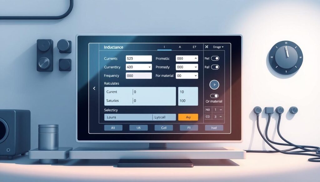 Detailed technical illustration of an "inductor calculator parameters" interface, showcasing the various components and settings of the Informic Electronics calculator. Sleek and modern design with a clean, minimalist layout. Prominent display of the calculator's key parameters and input fields, including inductance, current, frequency, and core material selection. Smooth, soft lighting illuminates the screen and surrounding workspace, creating a professional, instructional atmosphere. Precise camera angle and depth of field to ensure clear visibility of all relevant information. Accurate scale and proportions to reflect the actual calculator interface.