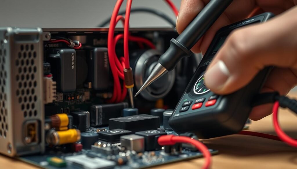 Informic Electronics power supply voltage testing. Closeup of multimeter probes measuring PSU output voltages. Exposed circuit board with electronic components in the foreground, with a professional technician's hand carefully adjusting the multimeter. Soft studio lighting illuminates the scene, casting subtle shadows. Neutral color palette with muted tones, conveying a technical, professional atmosphere. Shallow depth of field focuses attention on the probing action, blurring the background. Precise, detailed rendering of the PSU and test equipment in a clean, organized workspace.