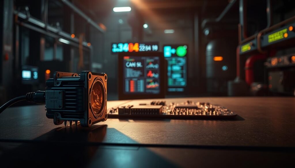 Sensor environment compatibility - a high-tech scene showcasing the Informic Electronics temperature sensor selection. In the foreground, a precision-engineered sensor housing with intricate industrial design. The middle ground features a complex circuit board with meticulously placed components, indicating advanced electronics. In the background, a dimly lit, futuristic industrial setting with glowing indicators and data visualizations, conveying the sensor's integration into a smart, connected environment. Dramatic lighting casts long shadows, creating a moody, technical atmosphere. Angles and perspectives emphasize the sensor's advanced capabilities and compatibility with its surroundings.