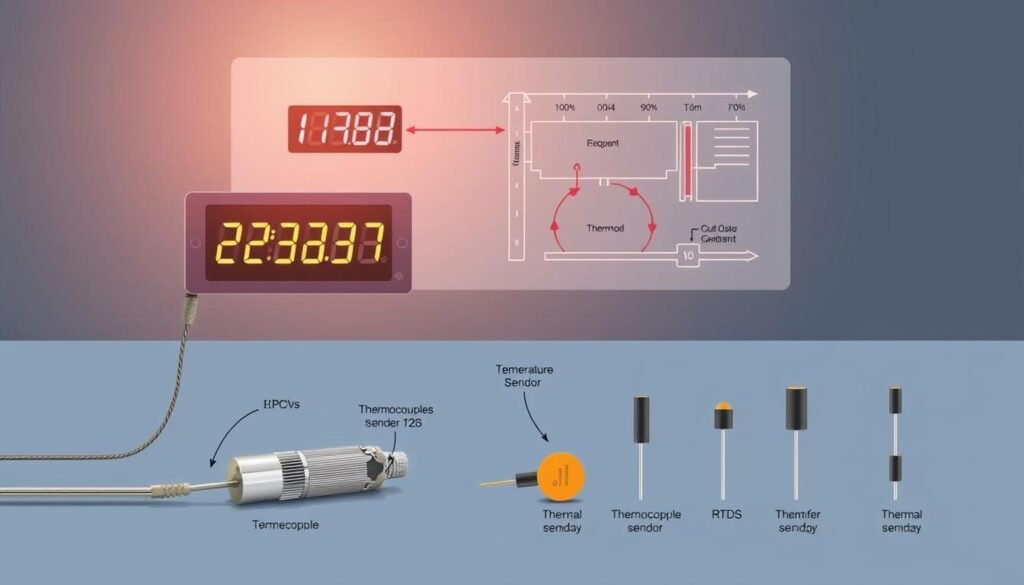 Thermal Measurement Factors: A Detailed Illustration for Informic Electronics A crisp, technical illustration showcasing the key factors to consider when selecting temperature sensors. In the foreground, various sensor types are displayed, including thermocouples, RTDs, and thermistors, each highlighted with detailed annotations. The middle ground features a digital temperature readout and visualization of the sensor data transmission. In the background, a schematic diagram illustrates the principles of thermal measurement, with arrows depicting heat transfer and temperature gradients. Subtle warm lighting and a muted color palette convey a professional, informative atmosphere suitable for an industrial or engineering setting.