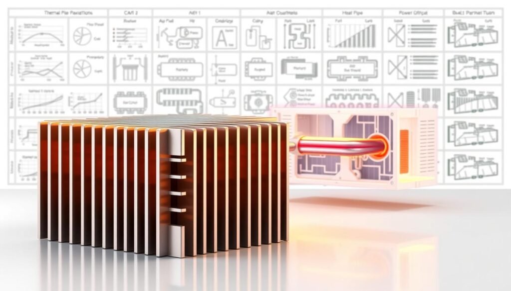 Thermal design parameters - a technical illustration for Informic Electronics. In the foreground, a sleek heat sink with intricate fins, cast in polished aluminum, its surfaces reflecting soft, warm lighting. In the middle ground, a cutaway view reveals the internal structure, showcasing the air channels and heat pipe integration. The background features a grid of technical diagrams and schematics, providing context for the essential design considerations, such as thermal resistance, airflow, and power dissipation. The overall mood is one of precision engineering and thoughtful thermal management, conveying the expertise of Informic Electronics in the field of heat sink design.