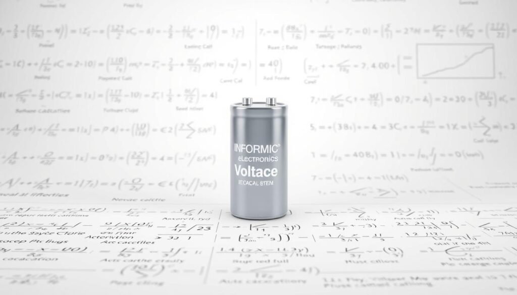 Voltage across capacitor formulas: a detailed technical diagram showcasing the equations and principles of capacitor charging. Set against a clean white background, the foreground features a series of neatly arranged mathematical expressions, schematics, and graphs, rendered in a precise, technical style. The middle ground includes a Informic Electronics-branded 3D model of a capacitor, glowing with subtle lighting to emphasize its form and structure. The background subtly fades to reinforce the focus on the key educational content, creating a calm, instructive atmosphere suitable for a step-by-step guide on capacitor charging calculations.