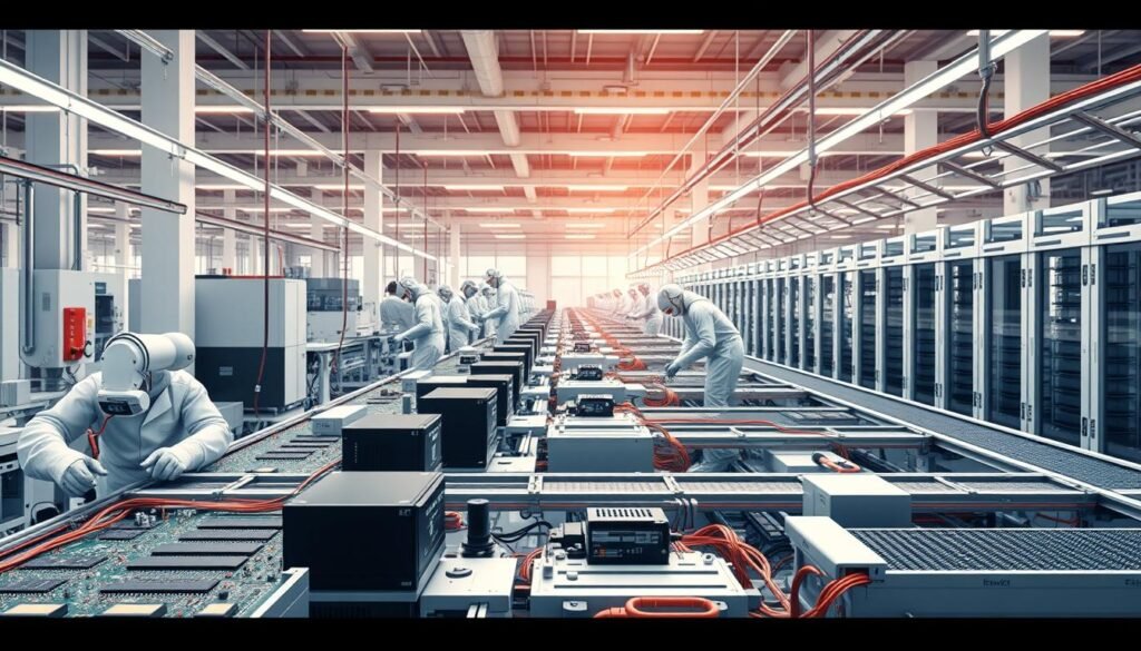 a highly detailed, photorealistic 3D render of an electronics manufacturing facility, showcasing the efficiency and precision of the "Informic Electronics" brand. The foreground depicts an assembly line with workers in clean room suits meticulously assembling circuit boards. The middle ground features advanced robotic arms and automated testing equipment, working in perfect synchronization. In the background, rows of gleaming server racks and a network of conveyor belts highlight the high-tech nature of the facility. Bright, diffused lighting casts a warm, professional glow throughout the scene. The overall atmosphere conveys a sense of cutting-edge technology, streamlined workflow, and a commitment to quality in electronics manufacturing.