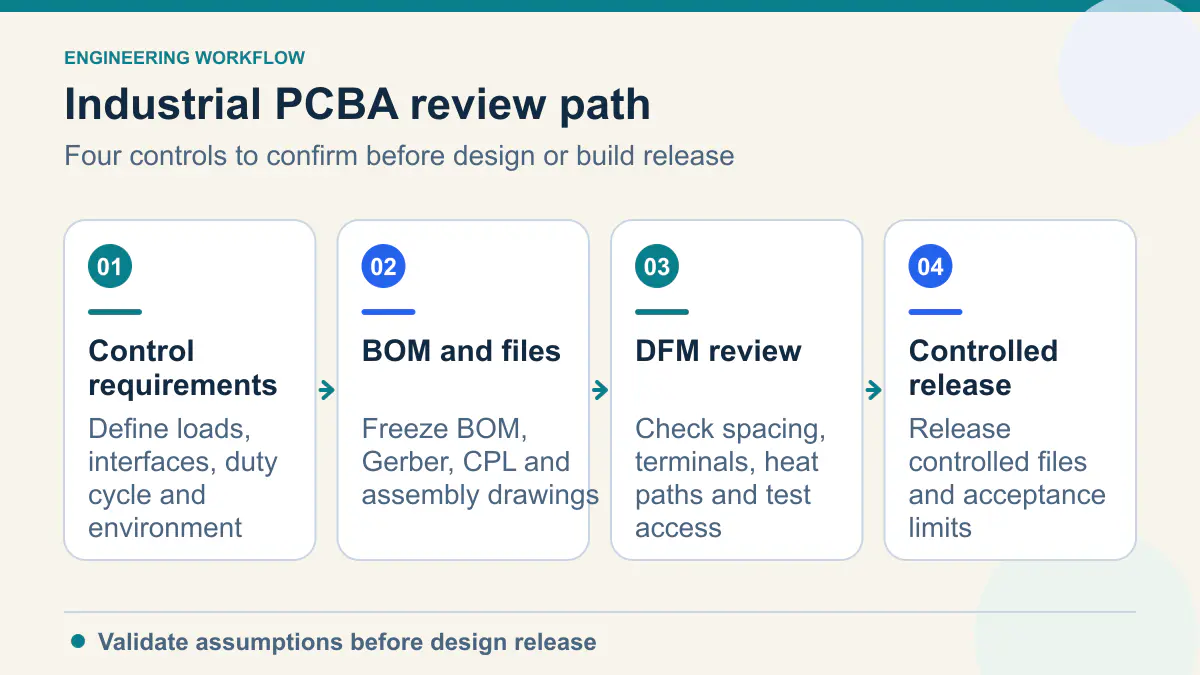 Industrial PCBA review path showing Control requirements, BOM and files, DFM review, Controlled release