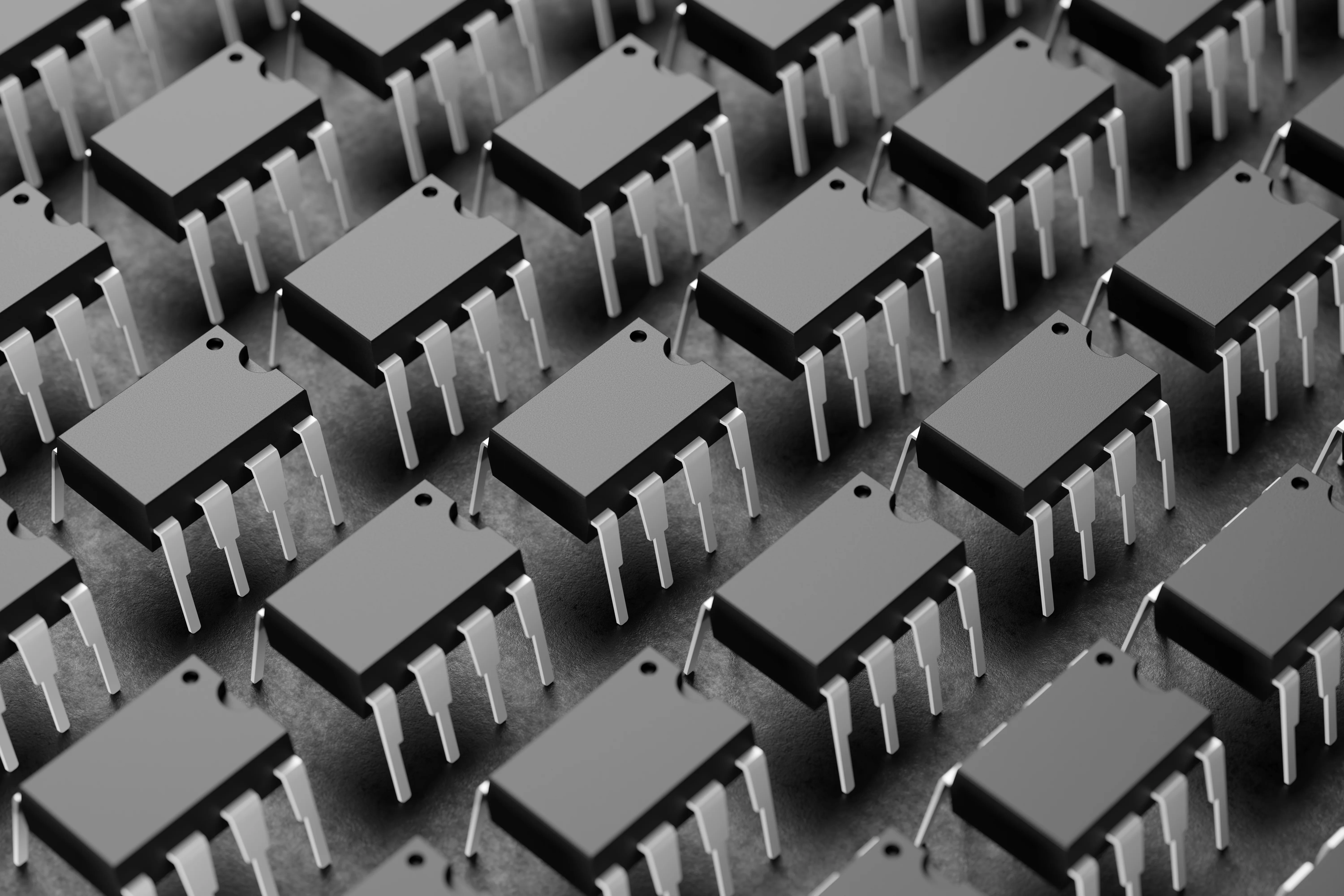Integrated circuit chips DIP-8 isolated on black. 3D rendering.