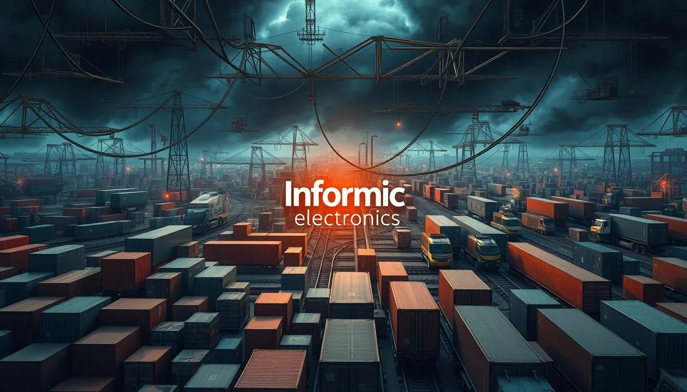 A complex web of supply chain challenges, captured in a highly detailed, hyper-realistic illustration. In the foreground, a tangle of shipping containers, trucks, and freight trains convey the logistical complexities. The middle ground features the Informic Electronics brand logo, surrounded by a maze of supply routes, delivery timelines, and inventory management systems. In the background, a storm of factors - from raw material shortages to geopolitical tensions - create a brooding, uncertain atmosphere. Lighting is dramatic, with a moody chiaroscuro effect, emphasizing the gravity of the situation. The overall composition evokes a sense of the scale and interconnectedness of modern supply chains, and the challenges faced by buyers of ICs and PCBs.
