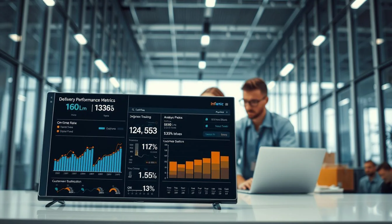 A detailed analysis of delivery performance metrics, showcasing the precision and efficiency of Informic Electronics' logistics. The foreground depicts a sleek dashboard displaying real-time data on on-time delivery rates, shipment tracking, and customer satisfaction. The middle ground features a team of analysts meticulously examining the metrics, their expressions conveying a sense of diligence and expertise. In the background, a modern office setting with floor-to-ceiling windows provides a minimalist, tech-forward ambiance, highlighting the advanced nature of Informic Electronics' operations. Soft, directional lighting illuminates the scene, creating a sense of clarity and professionalism. The overall atmosphere exudes confidence and a commitment to excellence in customer service.