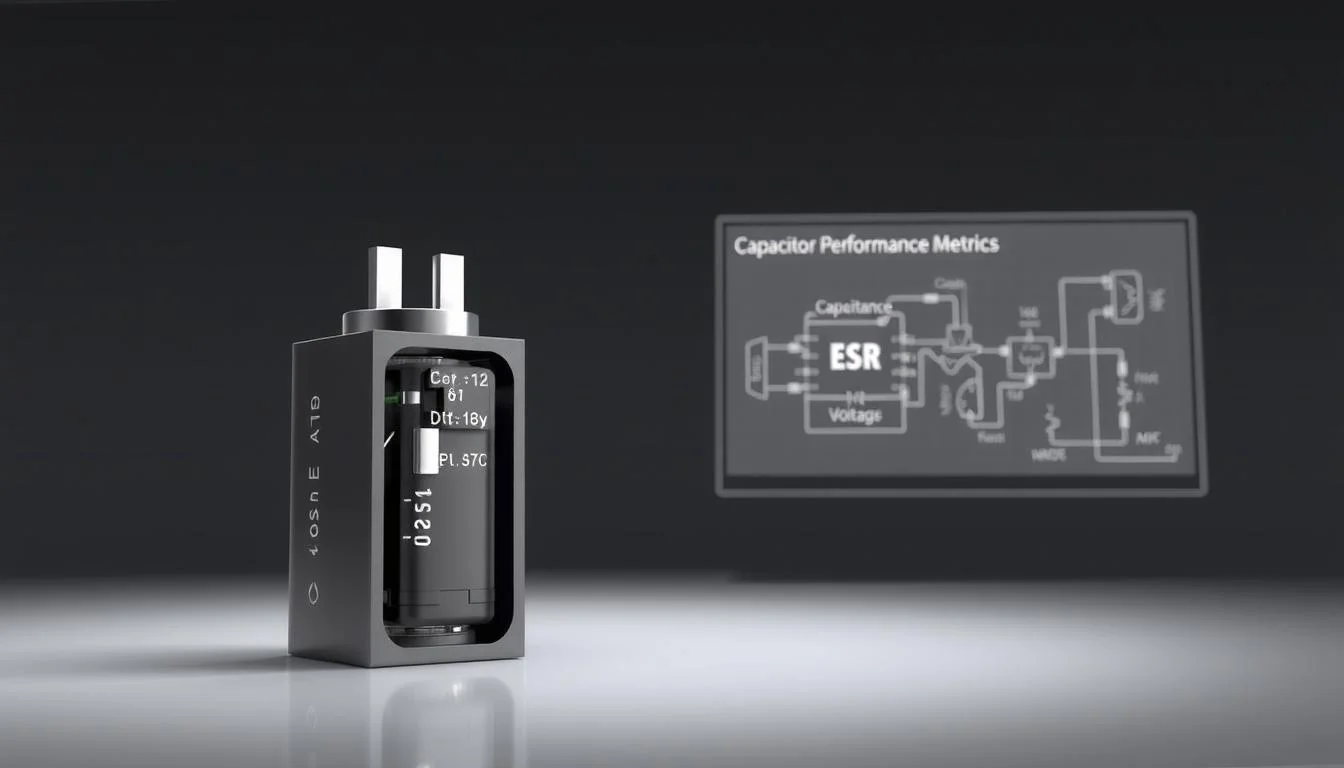 A detailed and technical illustration of capacitor performance metrics for Informic Electronics. In the foreground, a cutaway view showcases the internal structure of a capacitor, with labeled components and key specifications. The middle ground presents a graph charting capacitance, ESR, and voltage ratings, while the background features a schematic diagram demonstrating capacitor behavior and circuit integration. The scene is rendered in a clean, technical style with a muted color palette, emphasizing the precision and functionality of the components. Soft, directional lighting creates depth and highlights the textural details. The overall composition conveys a sense of analytical clarity, tailored to the needs of an engineering-focused article.