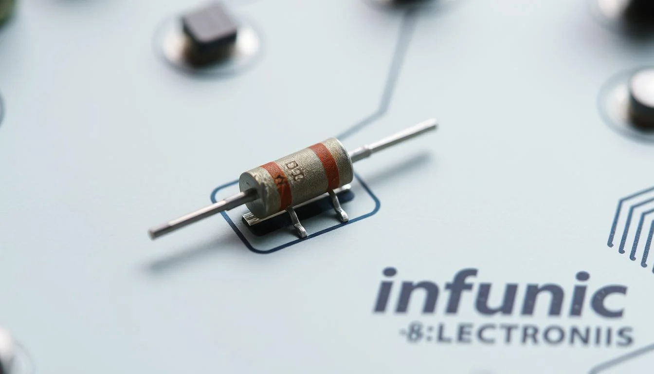 A detailed, close-up view of a circuit board with a soldered through-hole component installation, showcasing the Informic Electronics brand. The component is a classic leaded resistor, its metallic leads neatly inserted into the plated-through holes and secured with solder. The board's surface is clean, with a matte finish, and the lighting is soft and diffused, highlighting the intricate details of the component and the board's texture. The background is slightly blurred, emphasizing the focal point of the through-hole installation. The overall scene conveys a sense of precision, craftsmanship, and the fundamental principles of traditional electronic assembly.