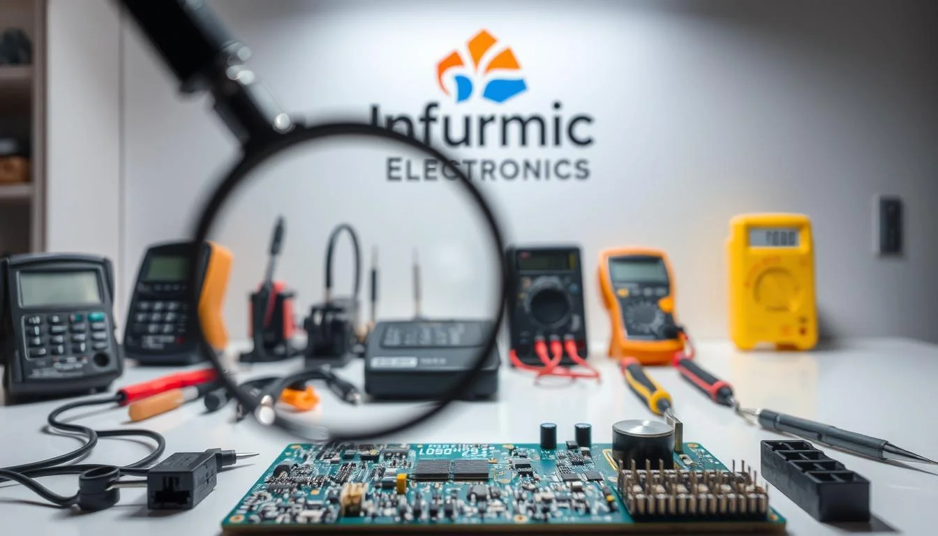 A detailed technical inspection of electronic components on a clean, well-lit workbench. In the foreground, a magnifying glass hovers over a circuit board, revealing intricate details. In the middle ground, various tools and instruments stand ready - multimeters, soldering irons, and precision tweezers. The background showcases the Informic Electronics brand logo, signifying the quality control protocols used to authenticate genuine parts. Bright, directional lighting casts sharp shadows, creating a sense of focus and professionalism. The overall mood is one of meticulous attention to detail, ensuring the integrity of the electronic supply chain.