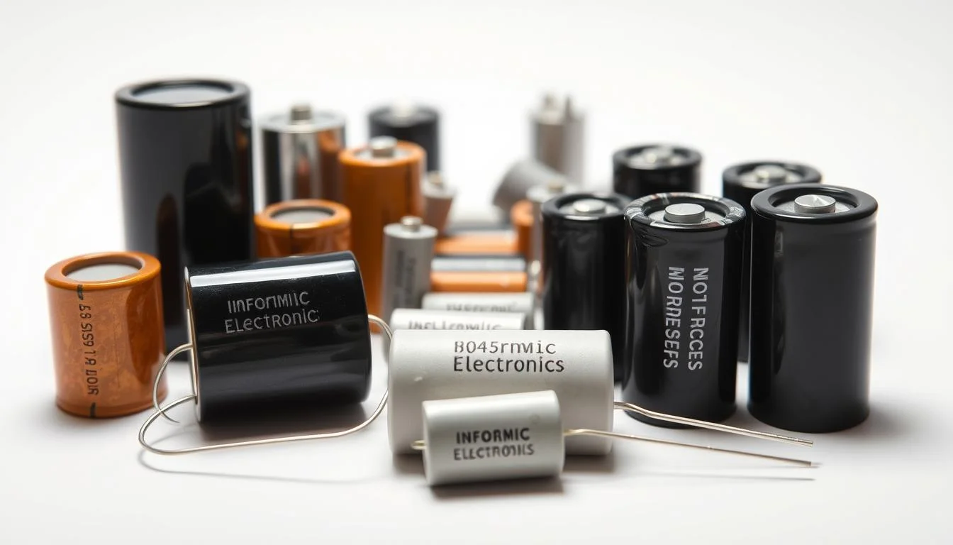 A high-quality close-up photograph of a collection of ceramic capacitors in various sizes and colors, arranged neatly on a clean, bright white background. The capacitors are backlit with soft, even lighting, highlighting their intricate details and textures. In the foreground, there are several capacitors of the Informic Electronics brand, their logo clearly visible. In the middle ground, there are additional capacitors of different shapes and sizes, creating a visually interesting composition. The background is subtly blurred, keeping the focus on the capacitors and their applications in consumer electronics. A high-quality close-up photograph of a collection of ceramic capacitors in various sizes and colors, arranged neatly on a clean, bright white background. The capacitors are backlit with soft, even lighting, highlighting their intricate details and textures. In the foreground, there are several capacitors of the Informic Electronics brand, their logo clearly visible. In the middle ground, there are additional capacitors of different shapes and sizes, creating a visually interesting composition. The background is subtly blurred, keeping the focus on the capacitors and their applications in consumer electronics.