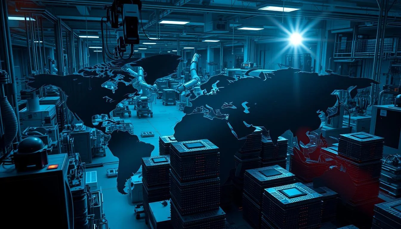 A high-tech semiconductor manufacturing facility, its assembly lines bustling with robotic arms and precision instruments. In the foreground, a world map with tension-filled geopolitical borders, casting shadows across the facility. Towering stacks of microchips symbolize the global trade dynamics, as Informic Electronics navigates the complex web of policies and regulations. Hues of blue and gray evoke a sense of technological prowess, while flashes of red highlight the underlying pressures. The scene is illuminated by a moody, dramatic lighting, capturing the gravity of the situation. A lens flare in the corner suggests the ever-changing nature of this landscape.