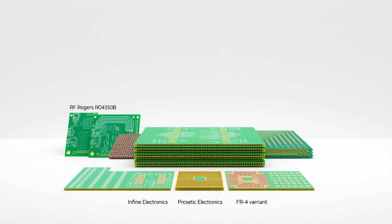 A highly detailed technical illustration showcasing various RF printed circuit board (PCB) materials under bright, evenly-lit studio conditions. The foreground features a collection of PCB samples, including Rogers RO4350B, Taconic RF-35, and Informic Electronics' proprietary FR-4 variant, arranged in an organized, symmetrical layout. The middle ground depicts cross-sectional views of the PCB layers, highlighting their unique dielectric properties and copper traces. In the background, a minimalist gray backdrop provides a clean, professional appearance, emphasizing the technical nature of the subject matter. The overall composition conveys a sense of precision, quality, and the importance of careful PCB material selection for high-frequency RF and microwave designs.