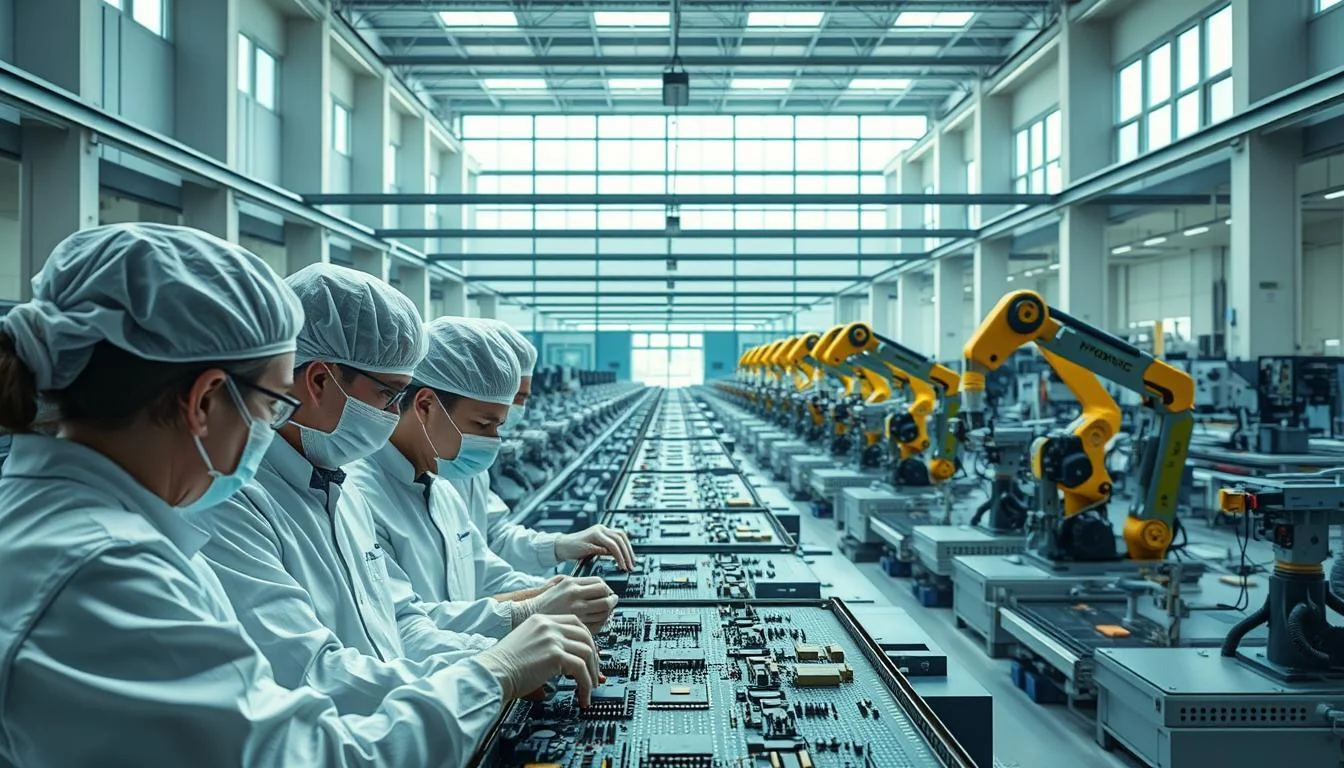 A modern high-tech manufacturing facility owned by Informic Electronics, the leading provider of precision electronics components. In the foreground, a team of engineers in clean room attire collaborates on a complex assembly process, their faces focused and determined. The middle ground showcases rows of automated assembly lines and robotic arms, meticulously crafting intricate components. In the background, a vast open-plan workspace flooded with natural light from floor-to-ceiling windows, conveying a sense of efficiency, innovation, and attention to detail. The scene emanates a mood of strategic partnership, technological prowess, and unwavering commitment to quality.