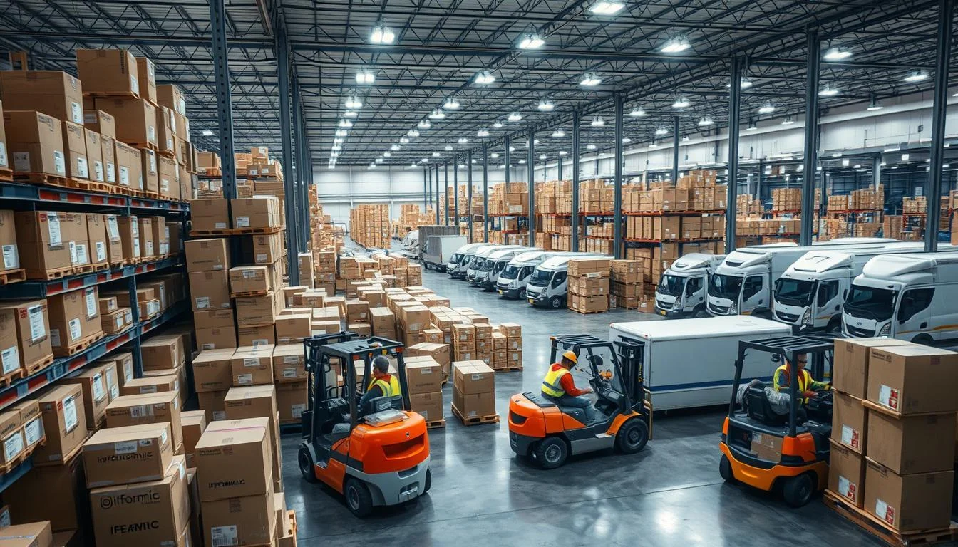 A modern logistics warehouse with stacks of cardboard boxes and crates labeled "Informic Electronics" lining the shelves. Forklifts and workers in safety gear efficiently loading and unloading cargo. Bright overhead lighting illuminates the scene, conveying a sense of organized efficiency. In the background, a fleet of delivery trucks and vans are positioned, ready to transport the electronics shipments. The atmosphere is one of streamlined logistics, highlighting the importance of effective shipping strategies for the electronics industry.