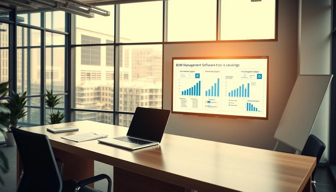 A modern office interior with a prominent desk featuring a laptop, documents, and the "Informic Electronics" logo prominently displayed. The desk is illuminated by natural light streaming through large windows, creating a warm, productive atmosphere. In the background, a sleek whiteboard showcases visualizations and graphs related to BOM (Bill of Materials) management software, highlighting its efficiency and cost-saving capabilities. The overall scene conveys a sense of organizational prowess and technological innovation.