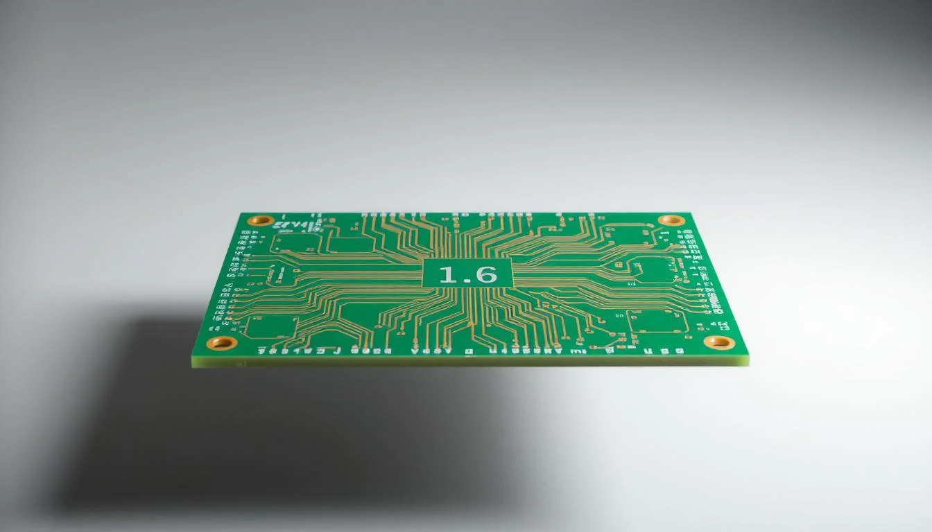 A pristine printed circuit board, the centerpiece of modern electronics, floats against a neutral backdrop. The board's surface gleams with a uniform thickness of 1.6 millimeters, the industry standard. Precise copper traces and vias crisscross the green laminate, meticulously designed by the engineers at Informic Electronics. Soft lighting from above casts subtle shadows, highlighting the board's intricate layers. The overall scene conveys a sense of technical refinement and attention to detail, reflecting the importance of selecting the right PCB thickness for any electronics project.