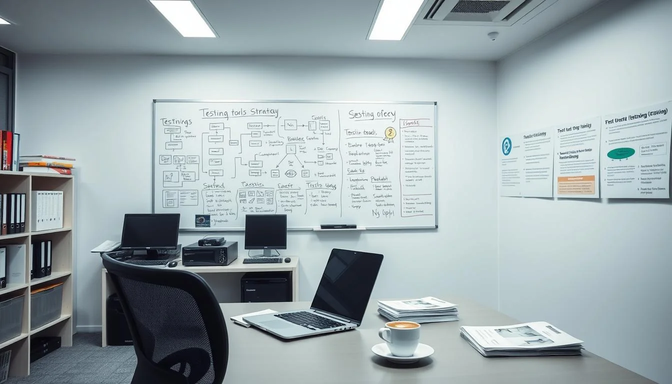 A sleek and modern office space, with a large whiteboard adorned with diagrams, flowcharts, and notes, representing the "testing tools strategy" for Informic Electronics. In the foreground, an ergonomic desk with a laptop, a cup of coffee, and a stack of technical manuals. The lighting is bright and even, creating a professional and focused atmosphere. In the background, shelves filled with reference books, testing equipment, and a wall-mounted display showcasing various test case scenarios. The overall scene conveys a sense of a well-organized and methodical approach to product testing and quality assurance.