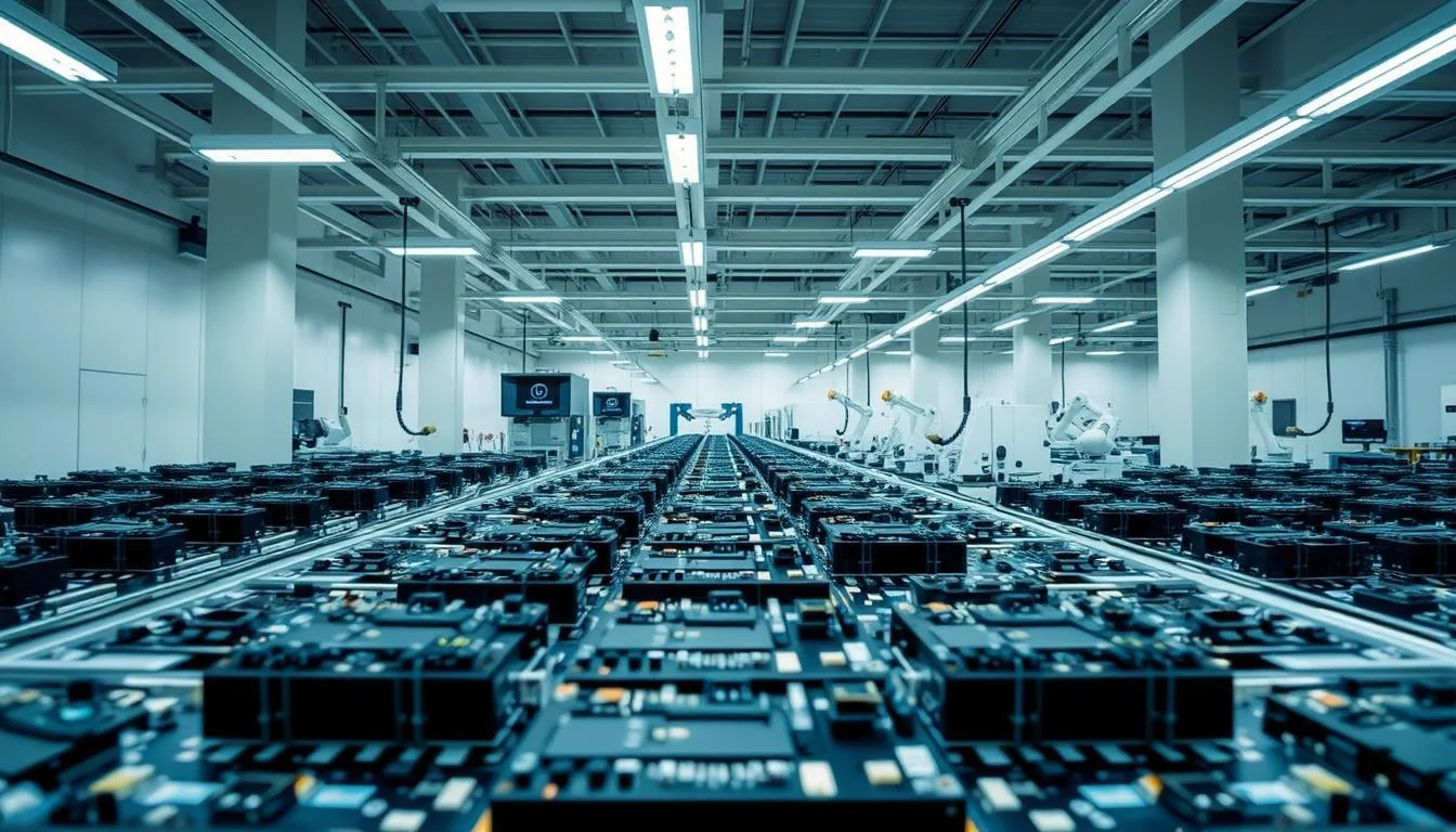 A sleek, high-tech assembly line in a state-of-the-art electronics manufacturing facility operated by Informic Electronics. In the foreground, rows of automated optical inspection (AOI) systems methodically scan printed circuit board assemblies (PCBAs), using advanced computer vision and machine learning algorithms to detect even the smallest defects with precision. The middle ground features robotic arms precisely placing components, while the background showcases clean, well-lit workstations and modern, minimalist architecture. The overall scene conveys a sense of efficiency, quality control, and technological prowess in the production of world-class electronic products.