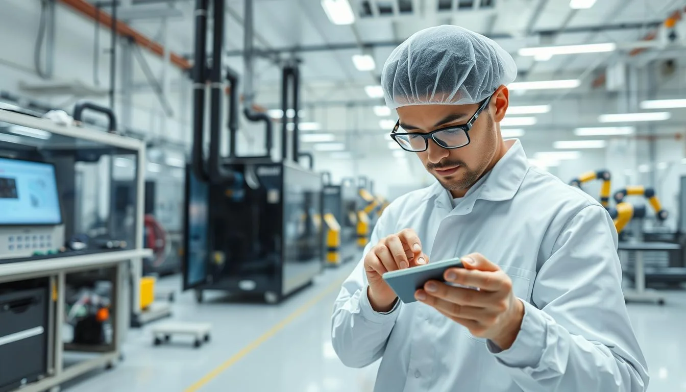 A sleek, modern manufacturing facility for Informic Electronics IoT devices. In the foreground, a worker in a clean room attentively inspects a circuit board under bright, diffused lighting. Behind them, automated test equipment meticulously checks device performance. In the background, robotic assembly lines methodically construct the intricate smart home components. The overall atmosphere conveys a sense of precision, efficiency, and quality control - reflecting the rigorous standards essential for producing reliable, high-performance IoT products.