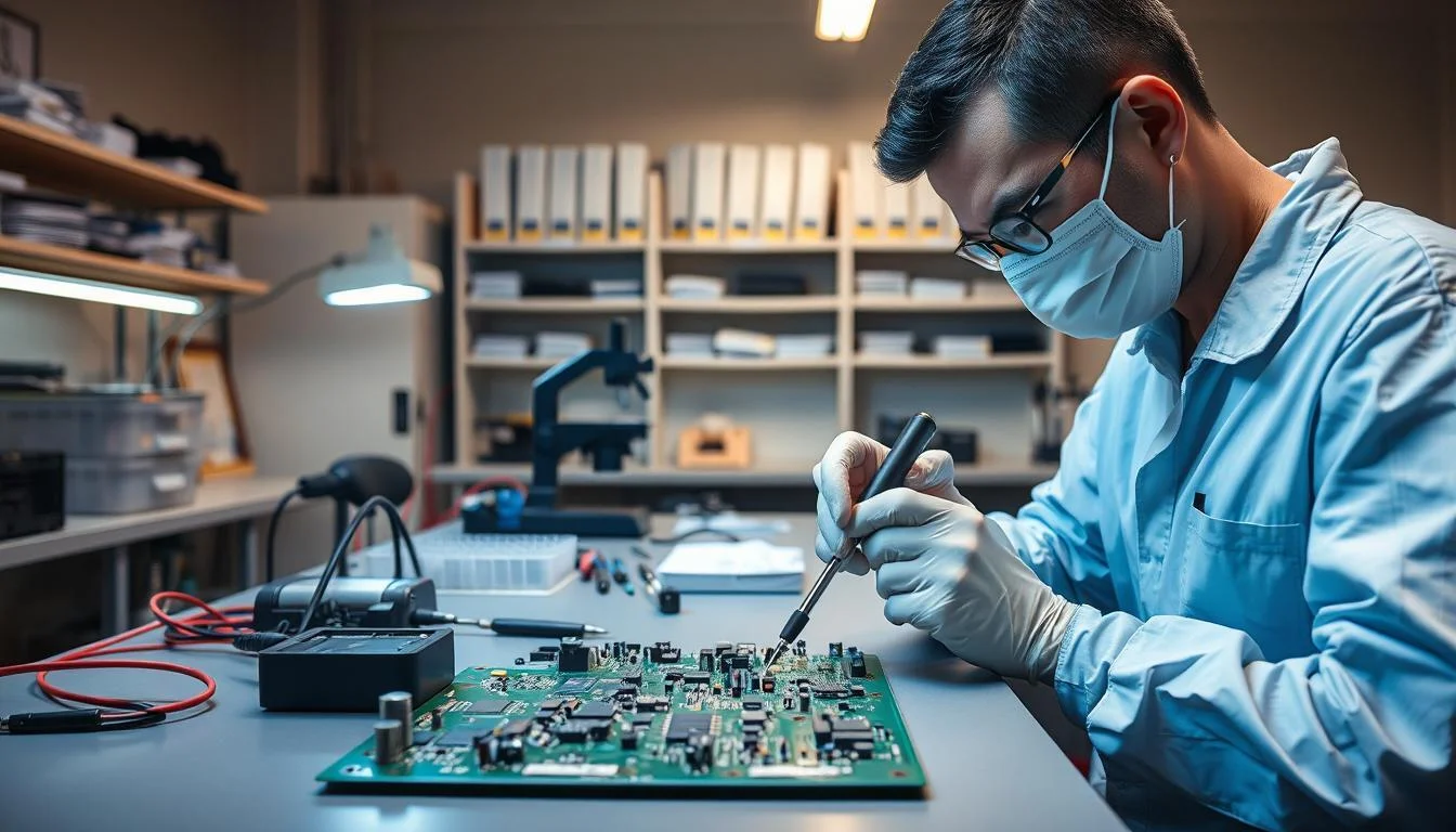 A state-of-the-art PCB rework lab at Informic Electronics, illuminated by soft, diffused lighting. On the workbench, a partially disassembled circuit board with various electronic components. In the foreground, a skilled technician, wearing an anti-static smock, carefully soldering a delicate trace using a precision soldering iron. The middle ground features an array of specialized tools and instruments, including a microscope, desoldering station, and component storage bins. The background showcases a clean, organized workspace with shelves of reference materials and technical manuals. The scene conveys a sense of professionalism, attention to detail, and the latest trends in PCB rework and repair.