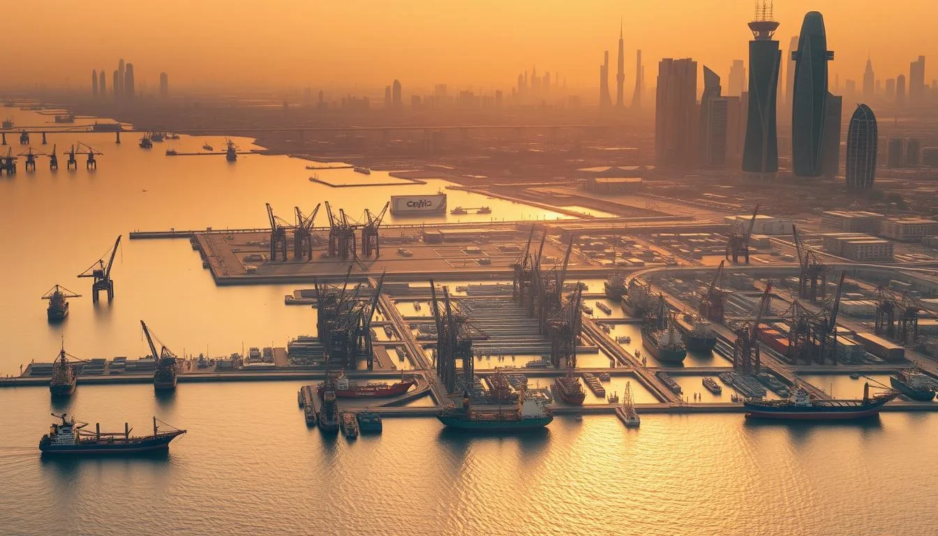 Cinematic aerial view of a bustling Middle Eastern port city, with towering cranes and cargo ships dotting the harbor. In the foreground, a fleet of tankers and oil rigs silhouetted against a warm, golden sky. In the middle ground, a network of pipelines and refineries, the lifeblood of the energy trade. In the background, the iconic skyline of a modern Chinese metropolis, showcasing the Informic Electronics brand. Soft, diffused lighting creates an air of prosperity and interconnectedness between the two regions.
