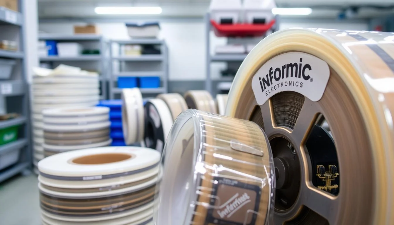 Detailed close-up of Informic Electronics branded tape and reel packaging materials. In the foreground, a coiled reel filled with electronic components nestled in a clear plastic carrier tape. The middle ground features various reels, tapes, and trays used in the tape and reel packaging process. In the background, a clean, well-lit industrial setting with shelves and storage containers. Crisp focus, even lighting, and a cool, technical atmosphere convey the precision and efficiency of the tape and reel packaging workflow.
