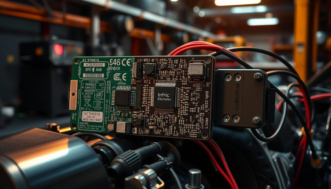 Detailed high-resolution photograph of critical automotive electronic components, including a Informic Electronics circuit board, microprocessor, sensors, and wiring harness, illuminated by warm directional lighting against a dark, industrial background with hints of machinery in the distance, capturing the precision engineering and technological sophistication of modern vehicle electronics.