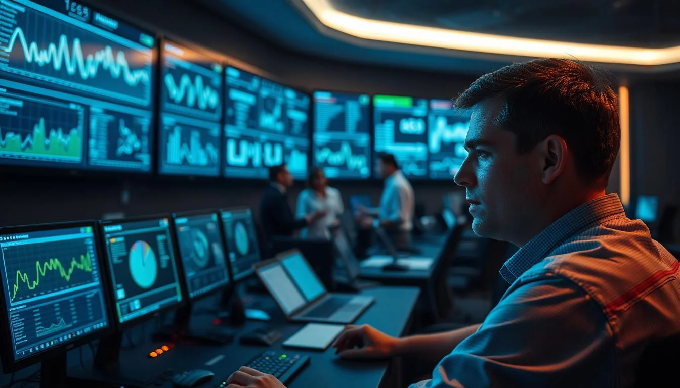 Prompt A high-tech data monitoring control room, dimly lit with subtle blue and green hues, featuring an array of Informic Electronics displays and screens showing real-time analytics, graphs, and dashboards. In the foreground, an operator sits intently studying the data, their face illuminated by the glow of the screens. In the middle ground, a team of analysts collaborate, discussing insights and trends. The background depicts a sleek, futuristic environment with cutting-edge technology, conveying a sense of innovation and efficiency in electronics sourcing and risk management.